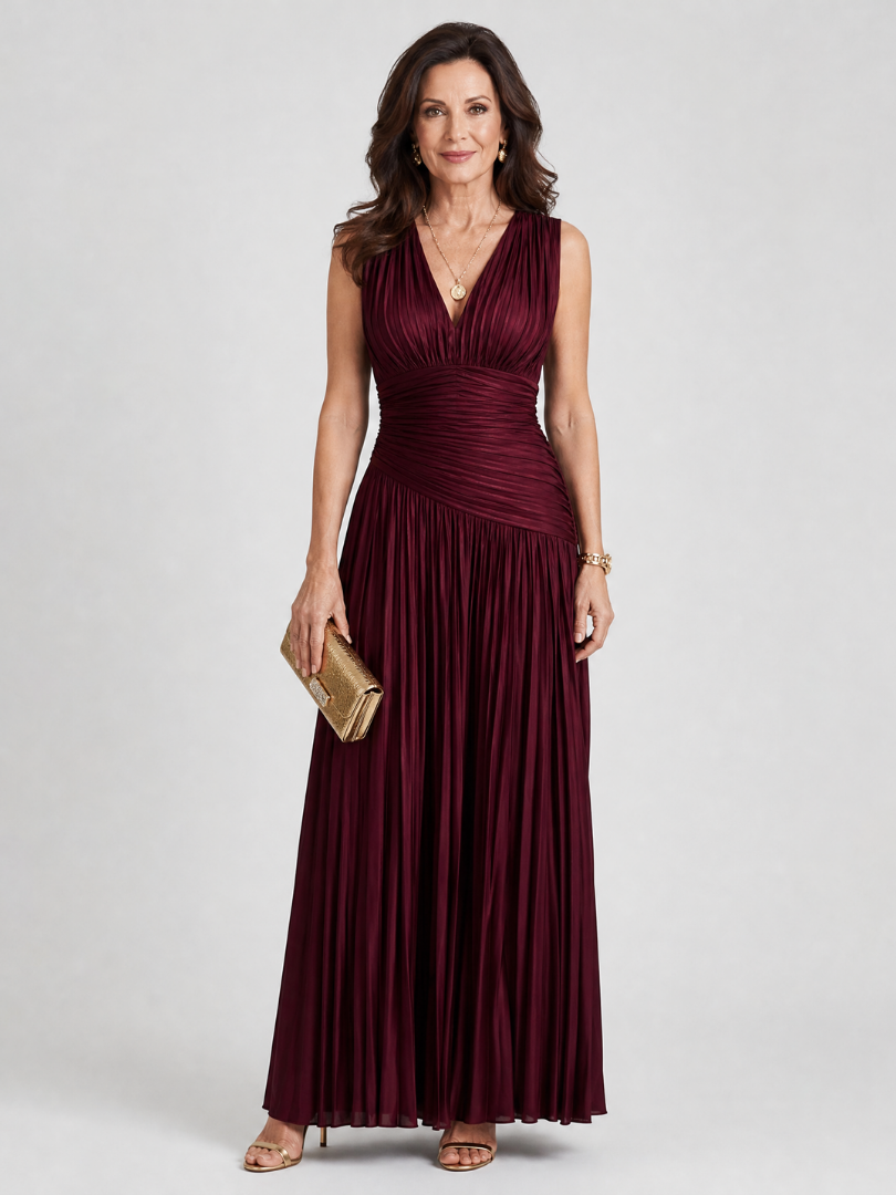 Lemar™ Sleeveless Pleated V Neck Midi Dress