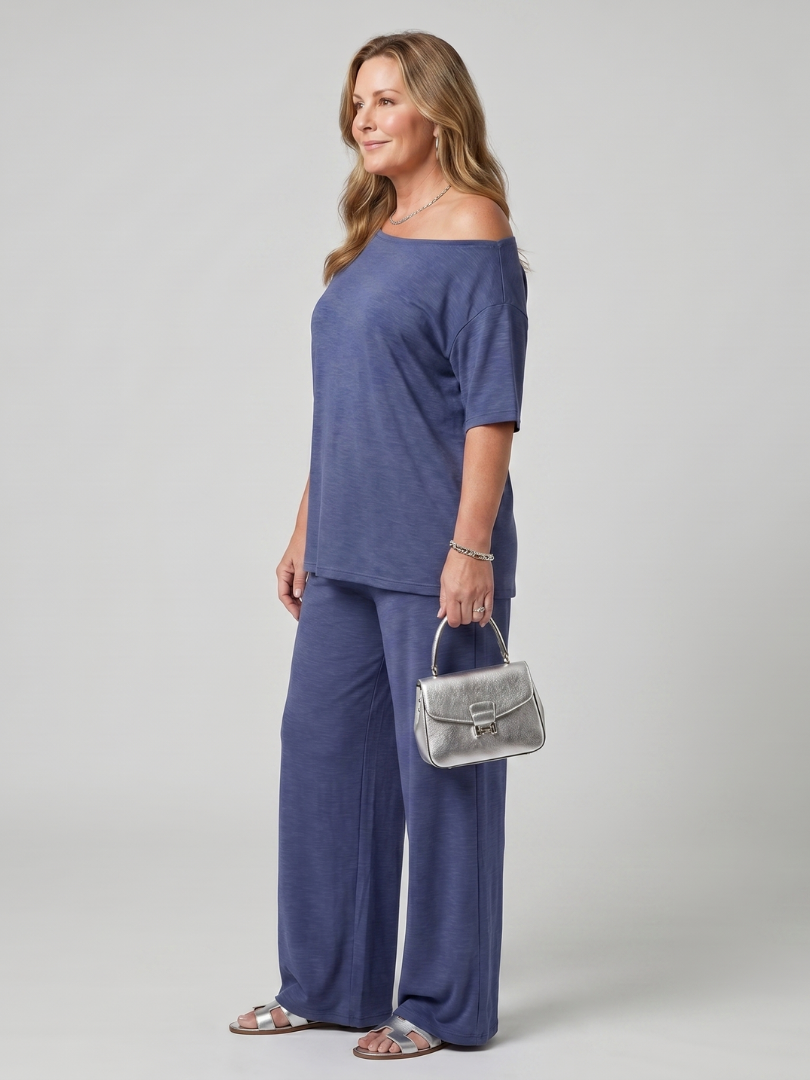 Elarim | Short Sleeve Off Shoulder Top And Wide Leg Pants Set