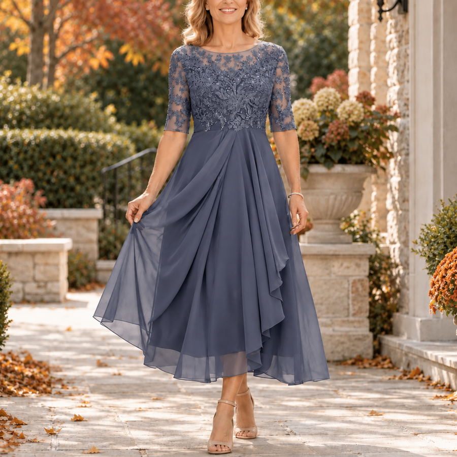 Sophia | Lace Bodice Draped Midi Dress