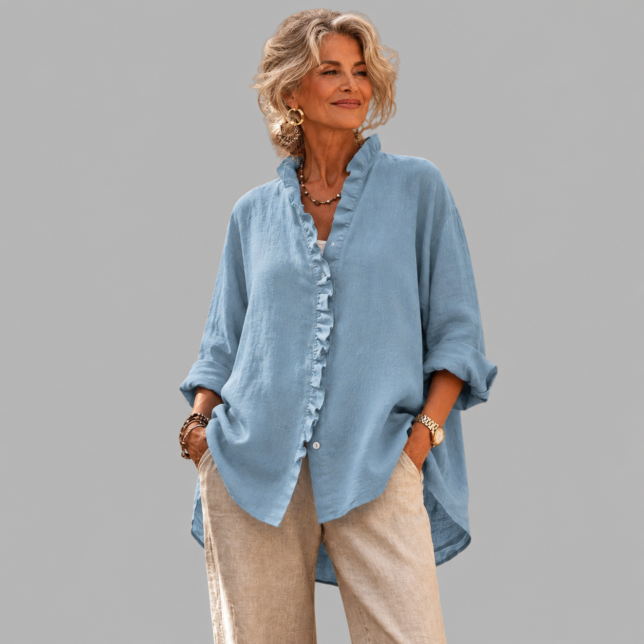 Luisa™ Elegant Ruffled Linen Blend Shirt