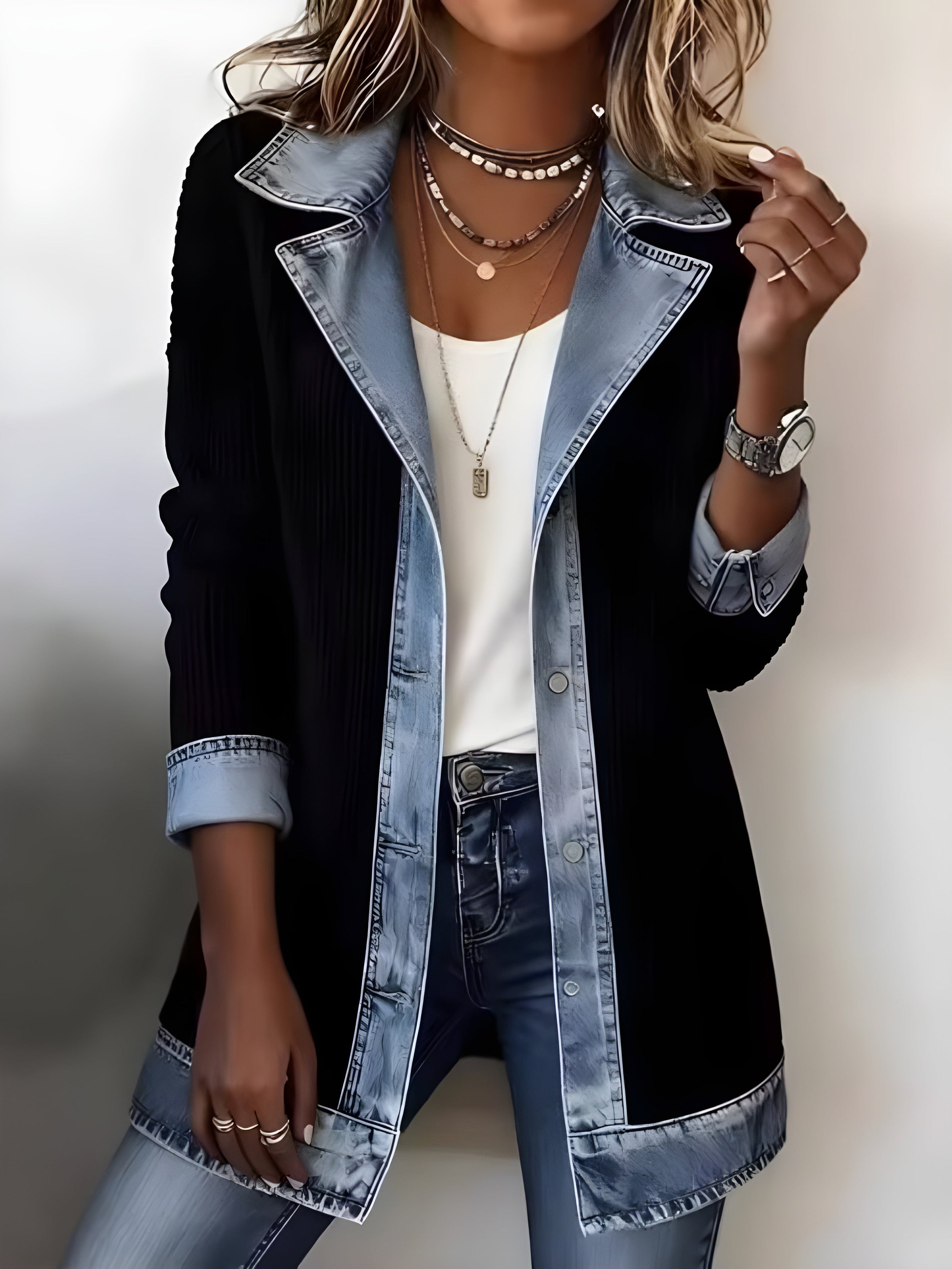 Luna™ Elegant Denim Lapel Combined Coat