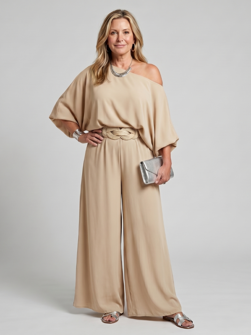 Siomara | One Shoulder Wide Sleeve Top And Wide Leg Pants Set