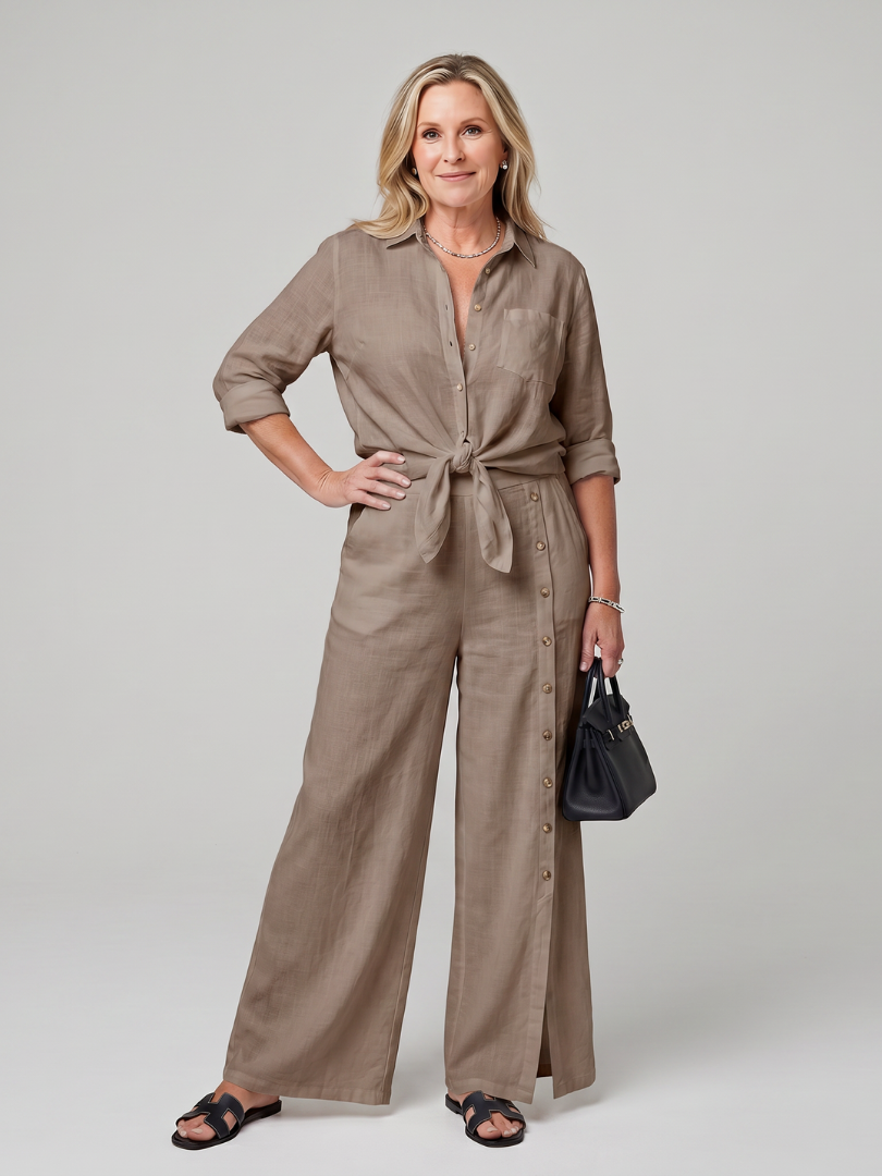 Maddelina | Long Sleeve Tie Front Top And Wide Leg Pants Set