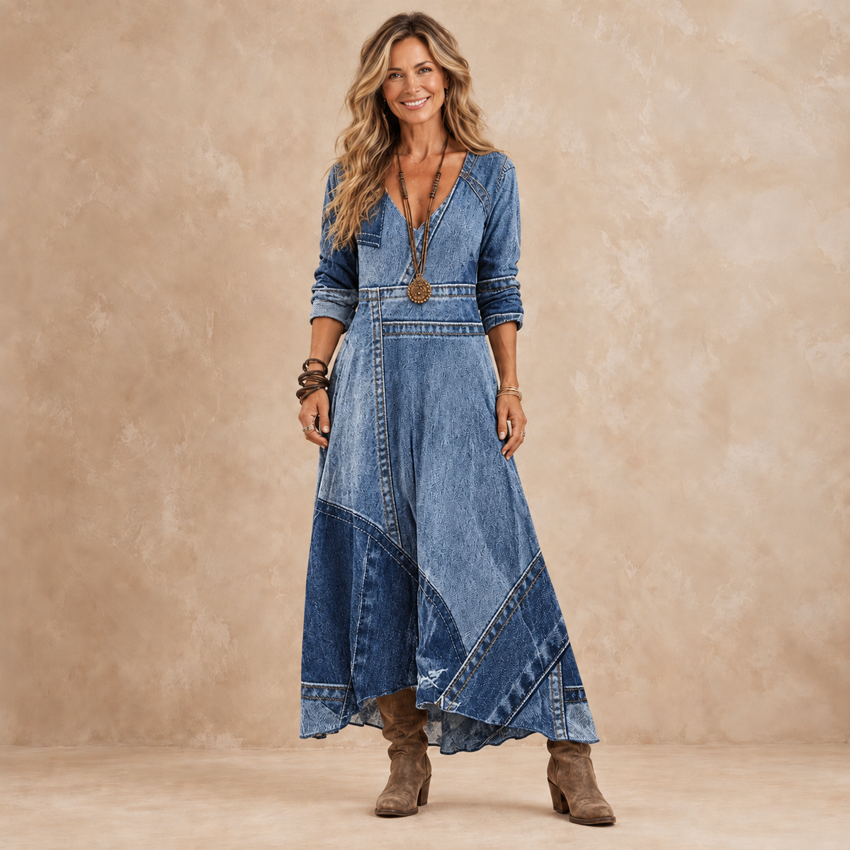 Harper | Patchwork Denim-Look Maxi Dress