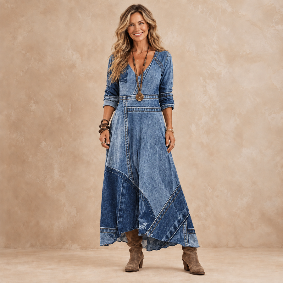 Harper | Patchwork Denim-Look Maxi Dress