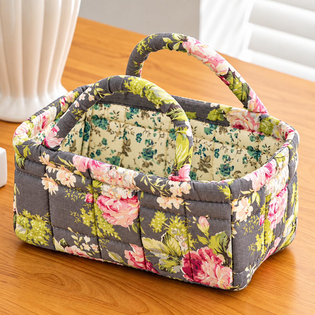 PETALMERE | VINTAGE GRAY FLORAL QUILTED STORAGE BASKET