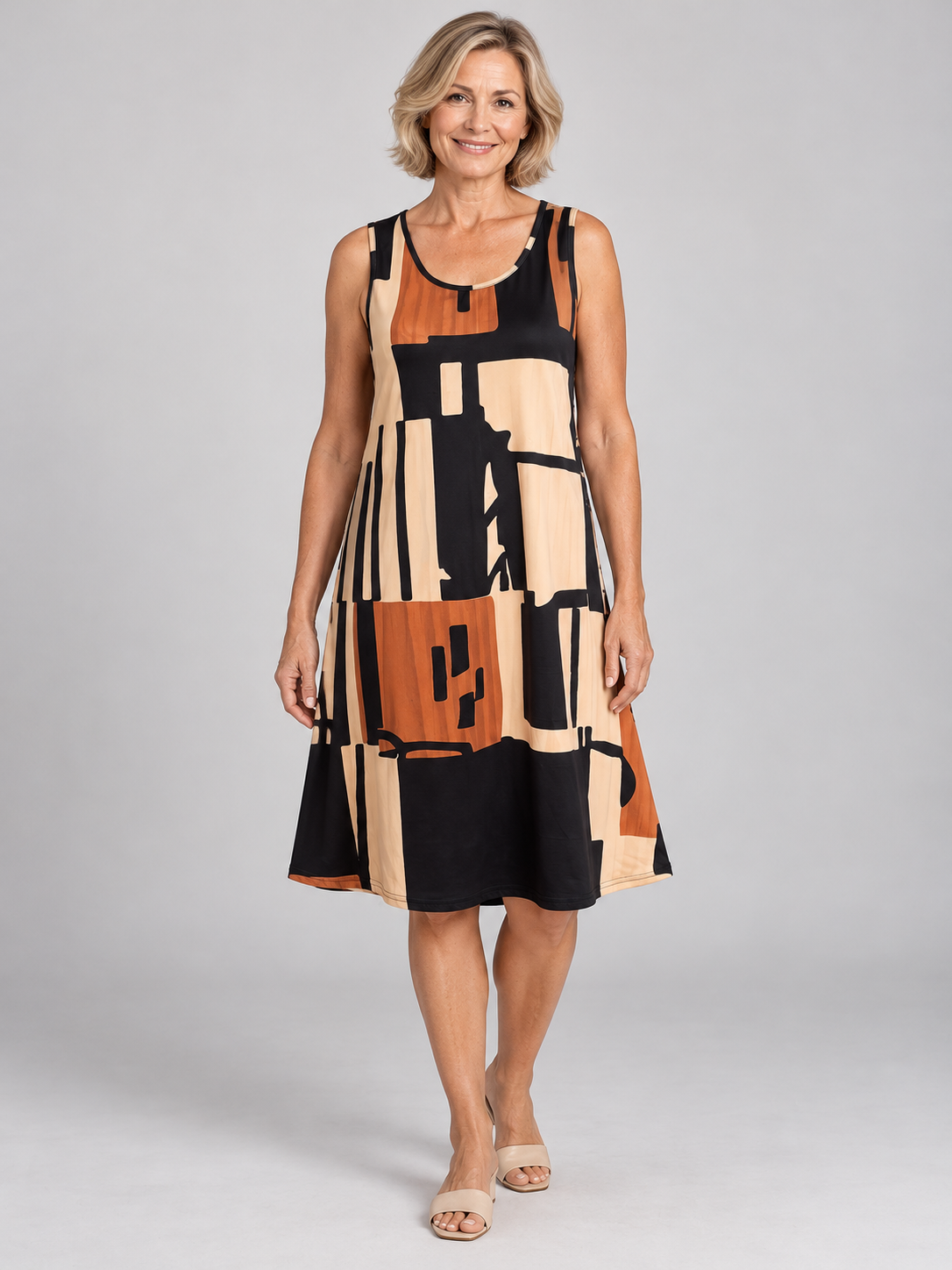 Geometric Print Sleeveless Midi Dress