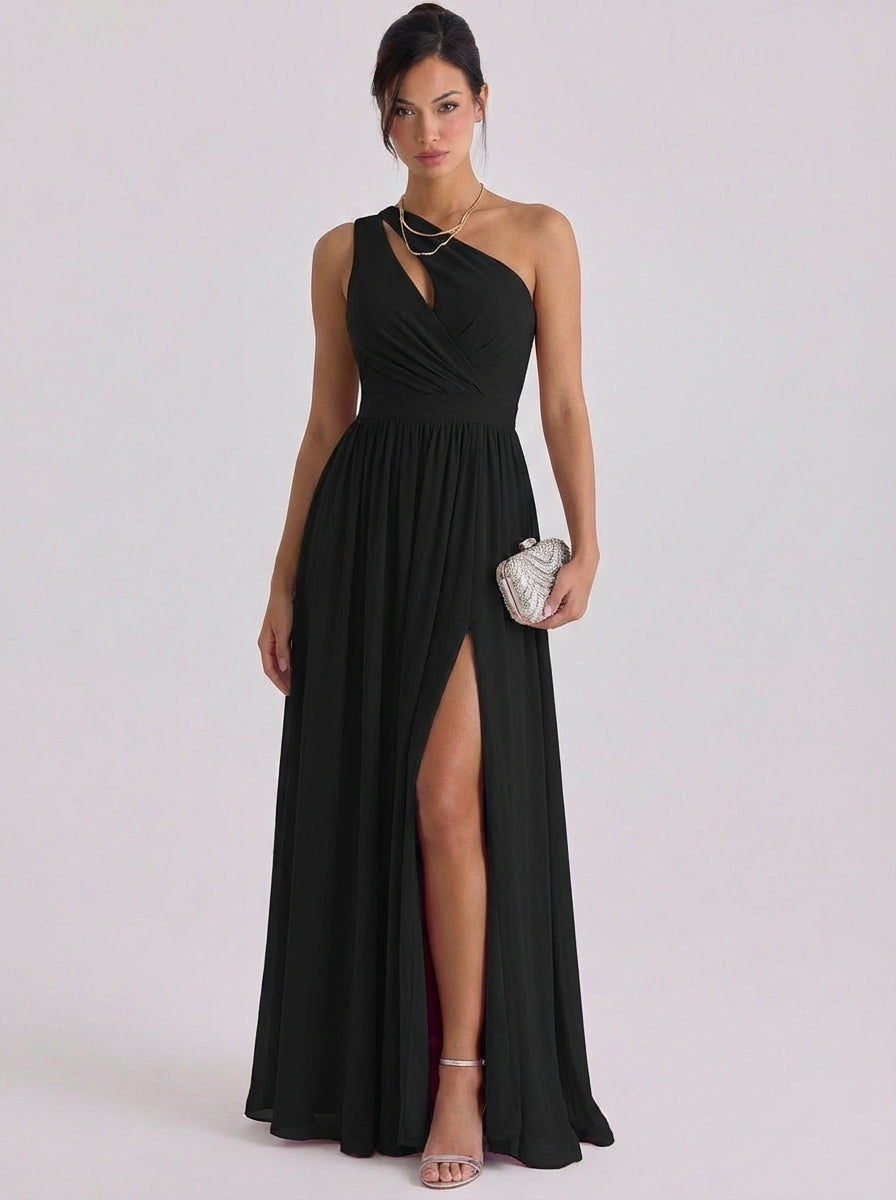 Molly | Chiffon Cutout One-Shoulder Gown Gathered Waist High-Slit