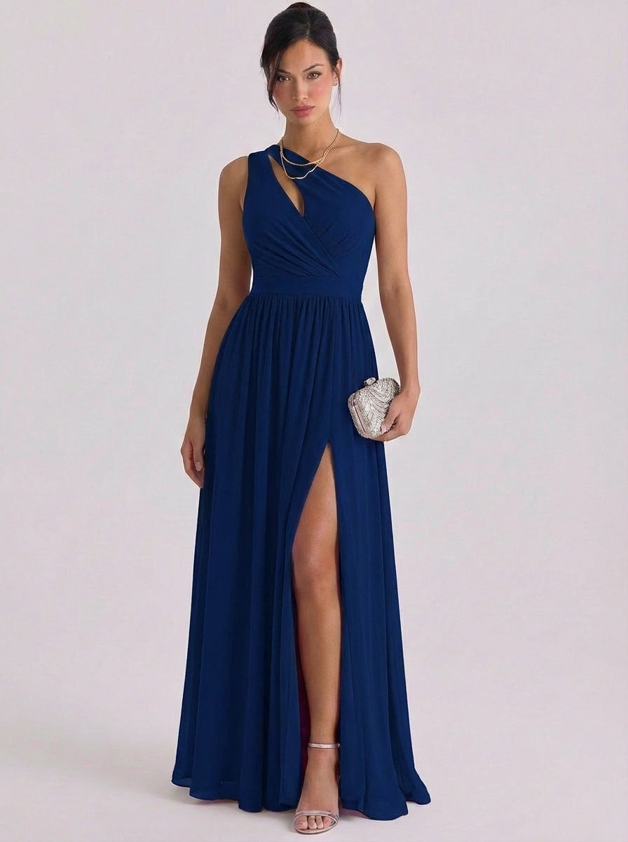 Molly | Chiffon Cutout One-Shoulder Gown Gathered Waist High-Slit