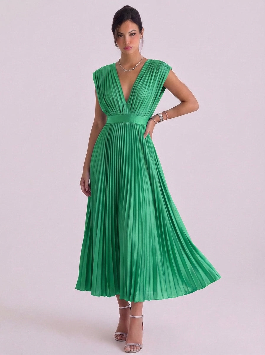 Stacey | Chiffon Pleated V-Neck Midi Dress