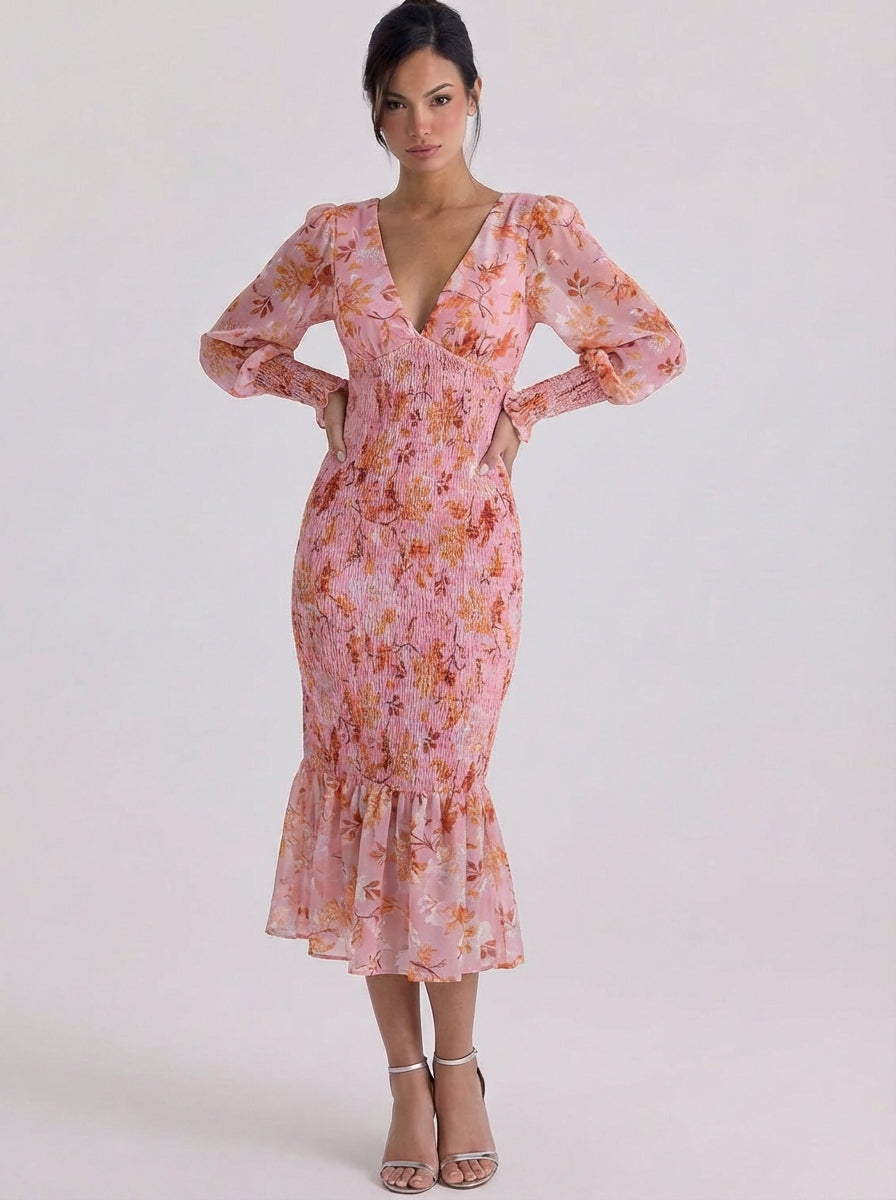 Amy | Chiffon Smocked Floral Midi Dress With Ruffle Hem