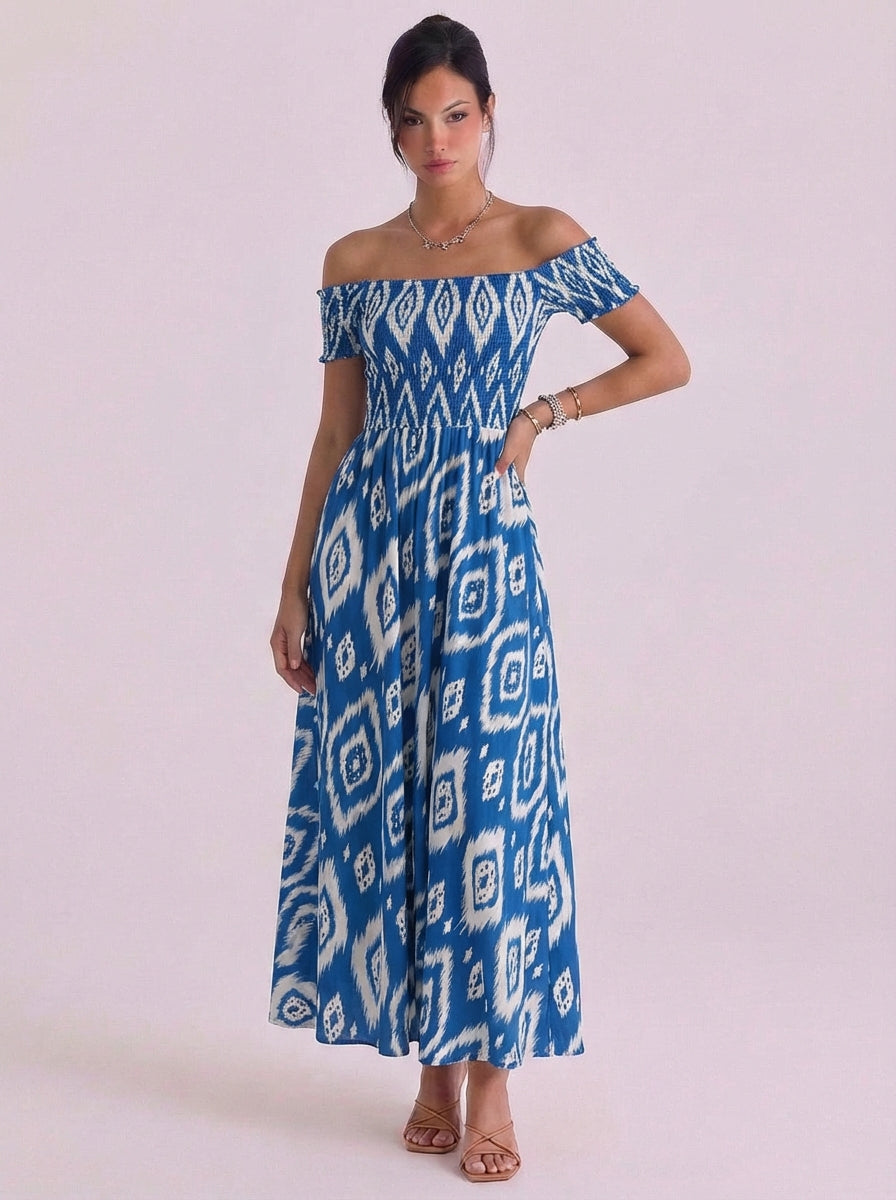 Holly | Cotton Ikat Print Off-Shoulder Midi Dress Smocked Bodice