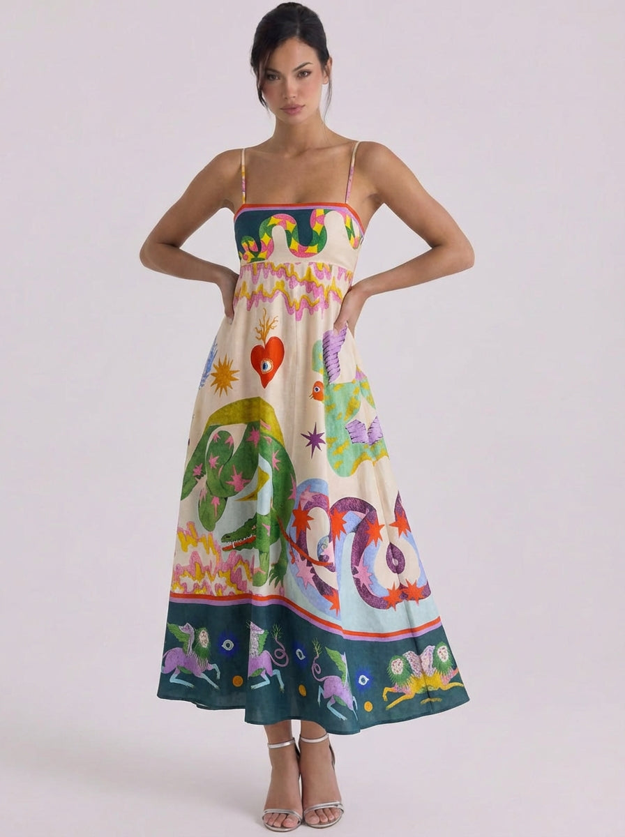 Natalie | Cotton Printed Maxi Dress With Snake Motif
