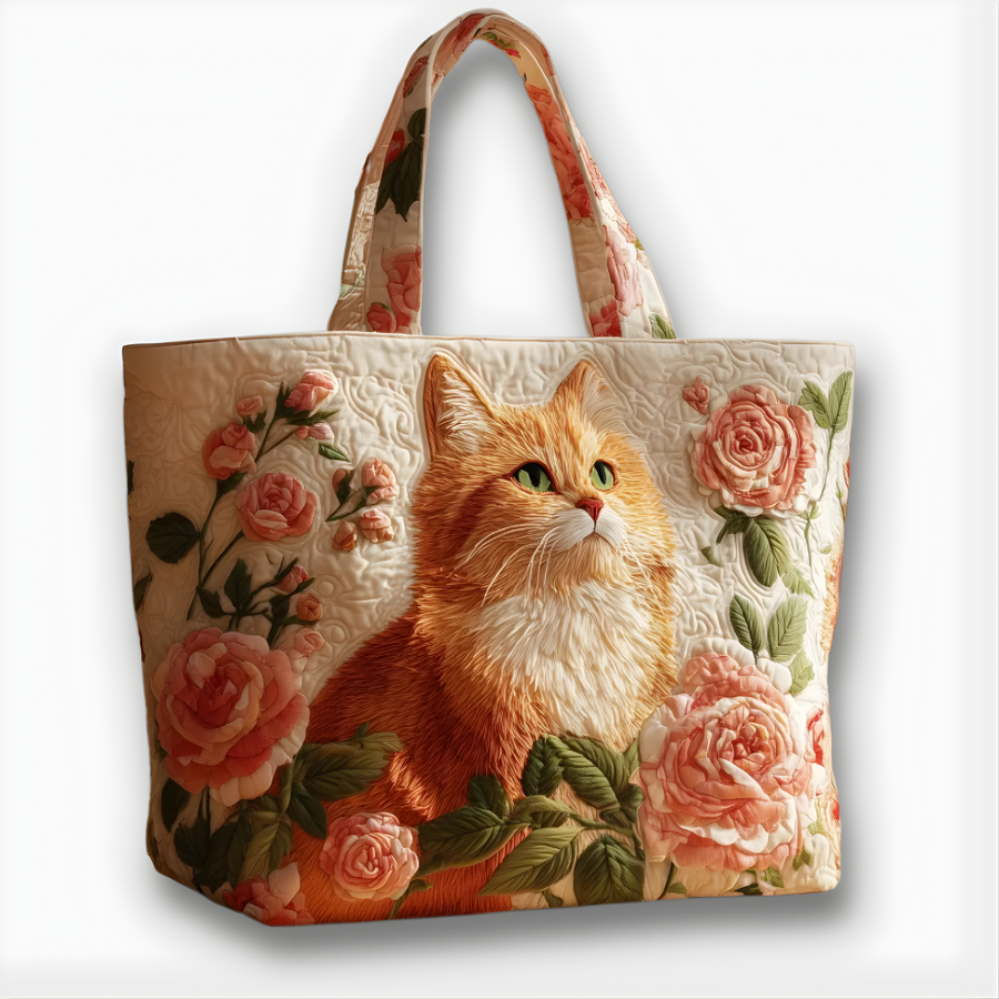 Elegant Ginger Cat & Rose Garden | Handmade Quilted Tote