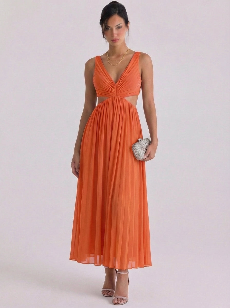 Stacey | Satin Pleated Cutout Midi Dress