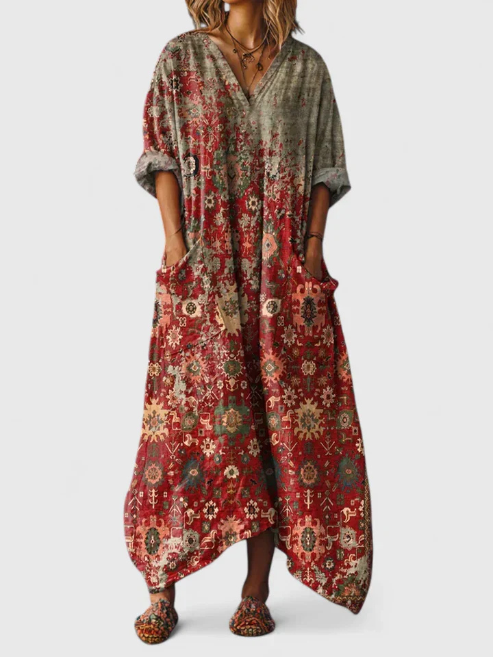 Indra | Women's Cotton Boho Print Front Pocket Maxi Dress