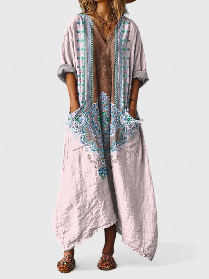 Indra | Women's Cotton Boho Print Front Pocket Maxi Dress