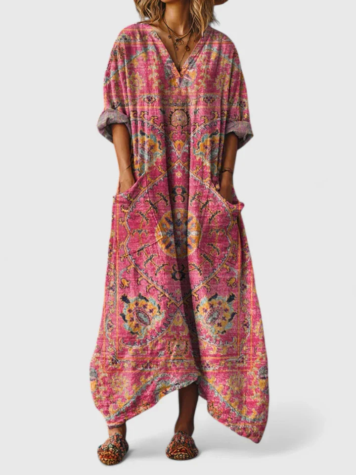 Indra | Women's Cotton Boho Print Front Pocket Maxi Dress
