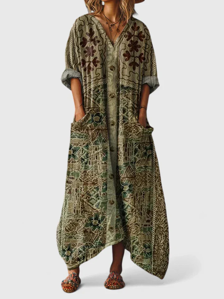 Indra | Women's Cotton Boho Print Front Pocket Maxi Dress