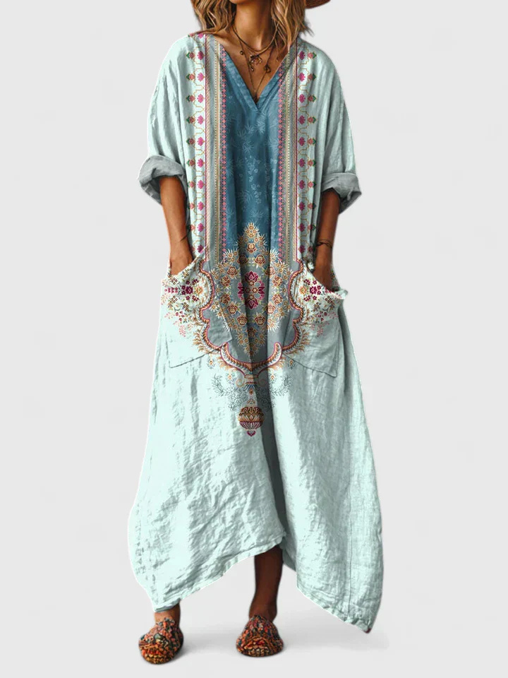 Indra | Women's Cotton Boho Print Front Pocket Maxi Dress