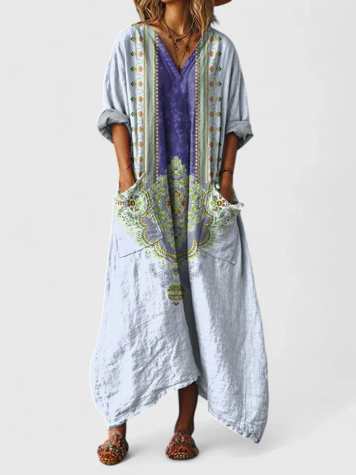 Indra | Women's Cotton Boho Print Front Pocket Maxi Dress