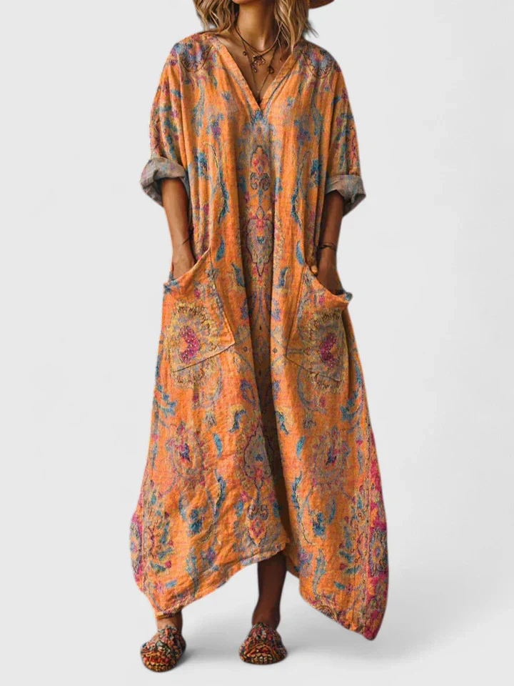 Indra | Women's Cotton Boho Print Front Pocket Maxi Dress