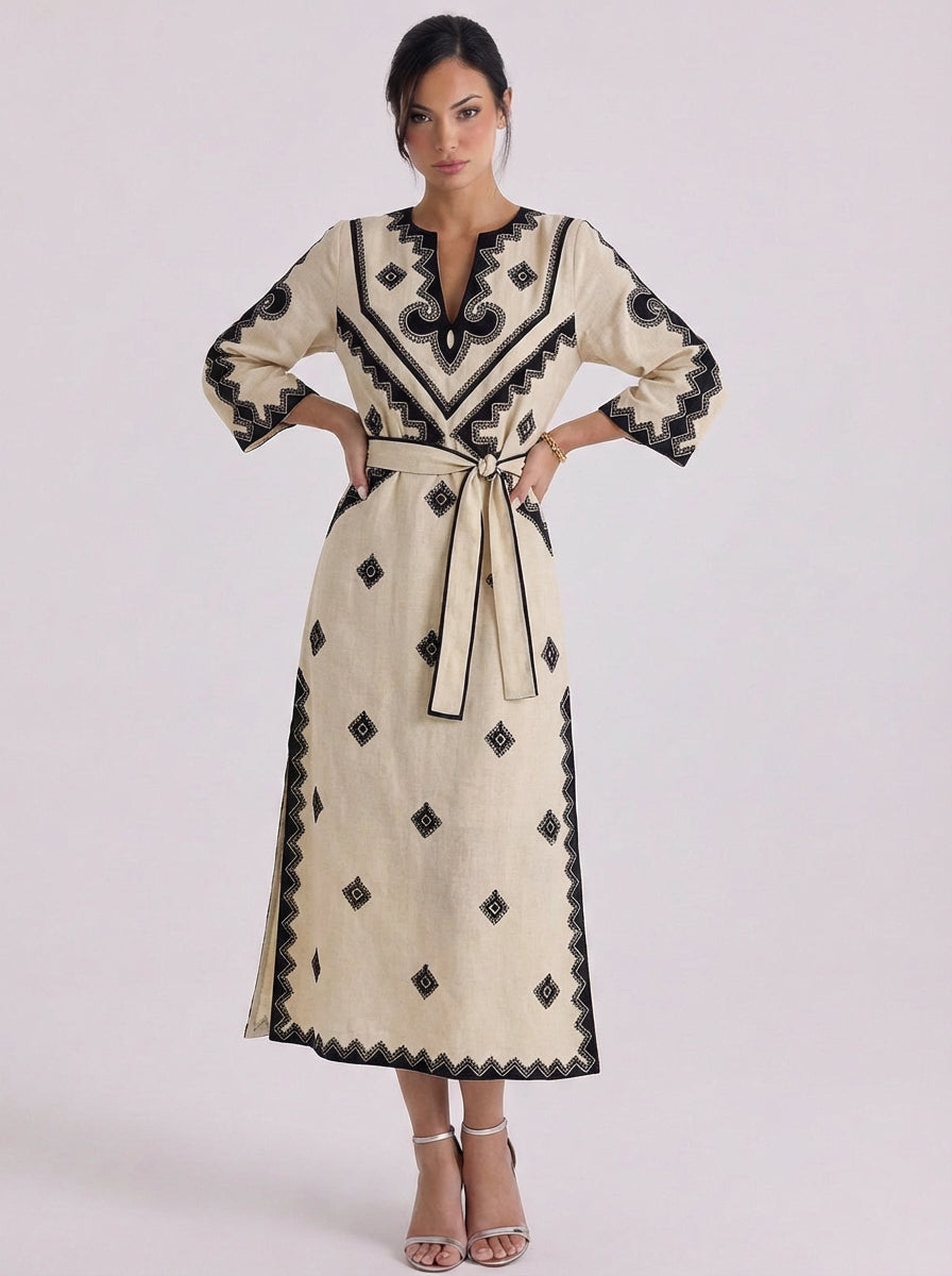 Quinn | Linen Embroidered Belted Midi Dress