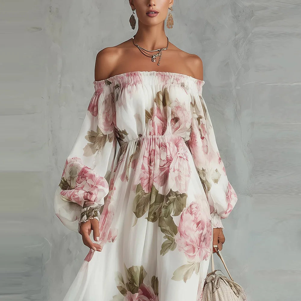 Peony | Floral Off Shoulder Maxi Dress Long Sleeve