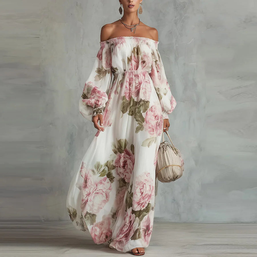 Peony | Floral Off Shoulder Maxi Dress Long Sleeve