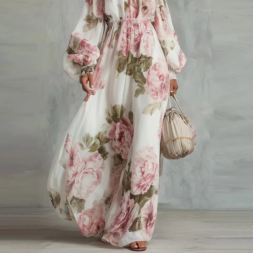 Peony | Floral Off Shoulder Maxi Dress Long Sleeve