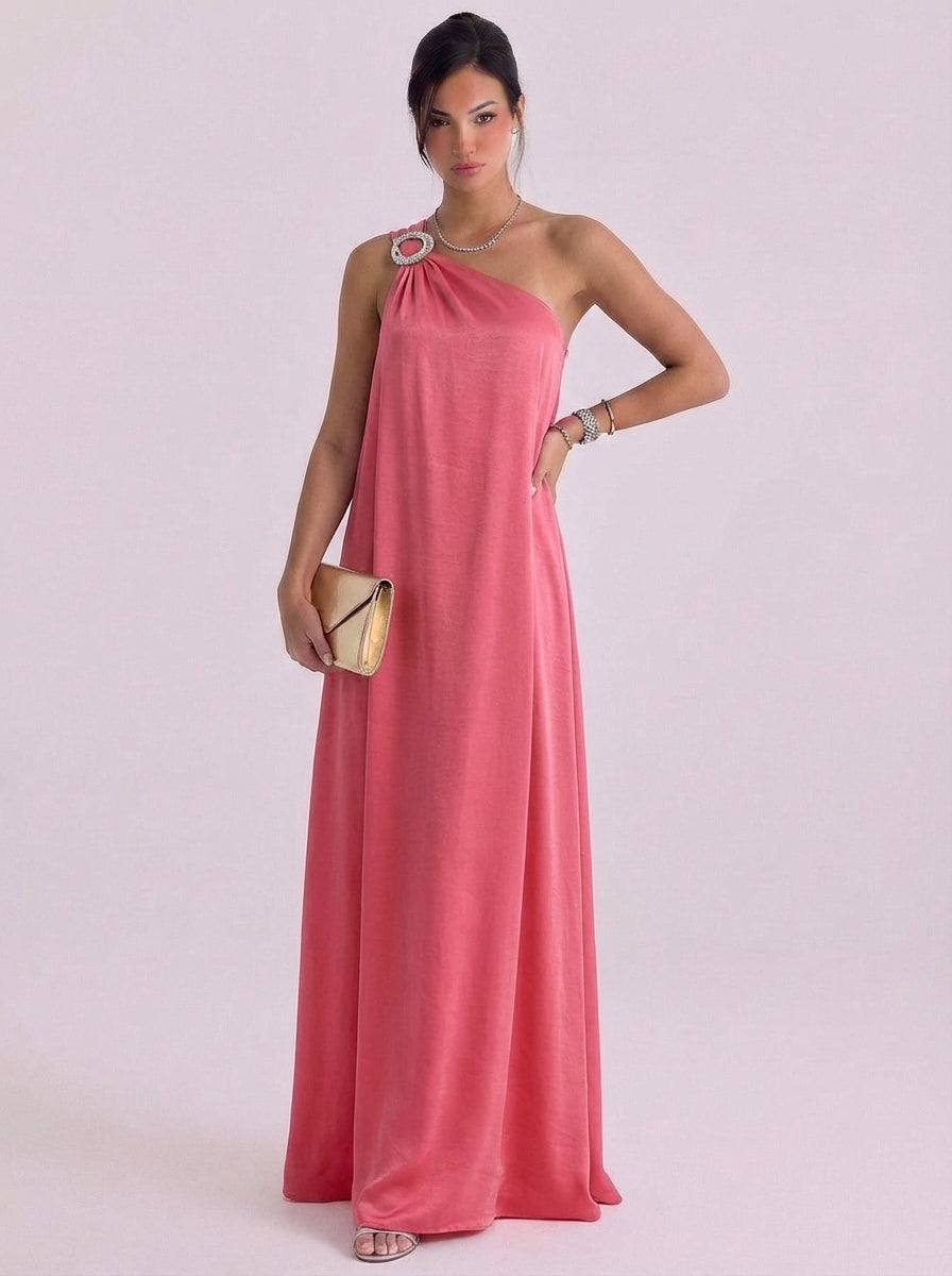 Nicola | Satin Crystal Brooch One-Shoulder Gown Floor Length