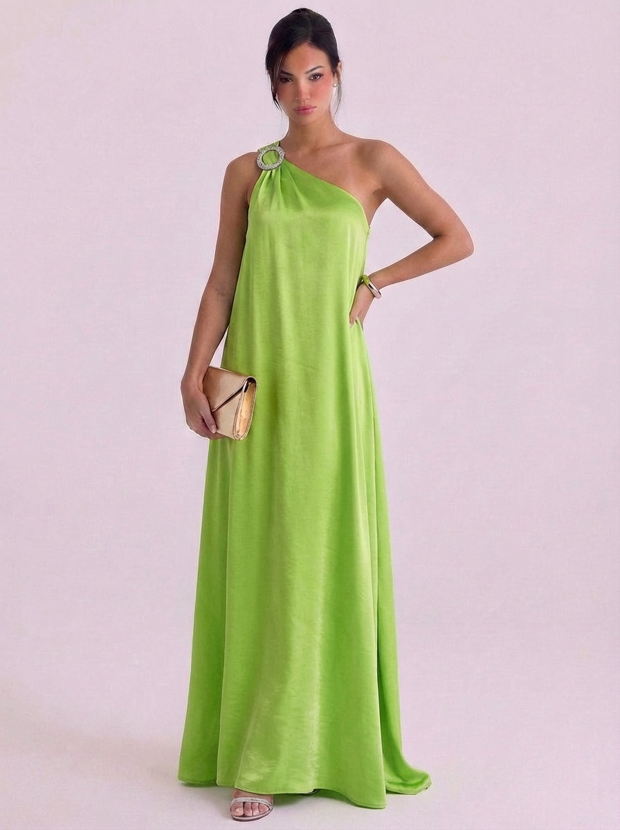 Nicola | Satin Crystal Brooch One-Shoulder Gown Floor Length