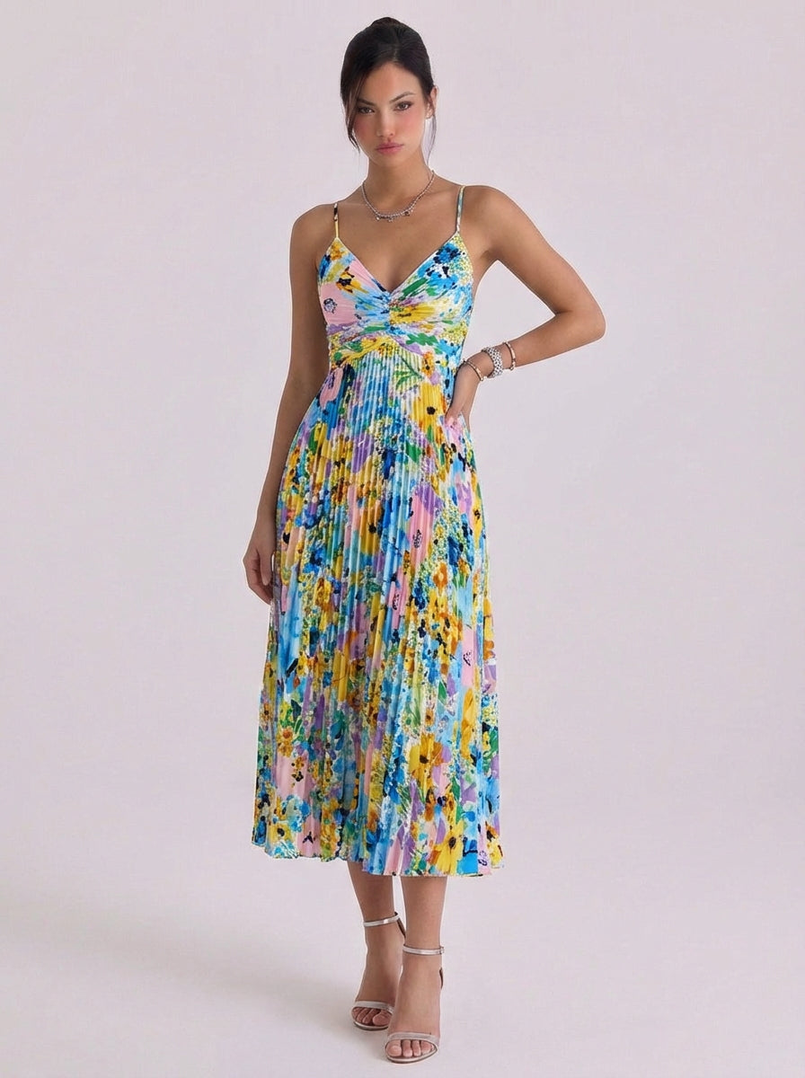 Stella | Satin Floral Print Pleated Midi Dress