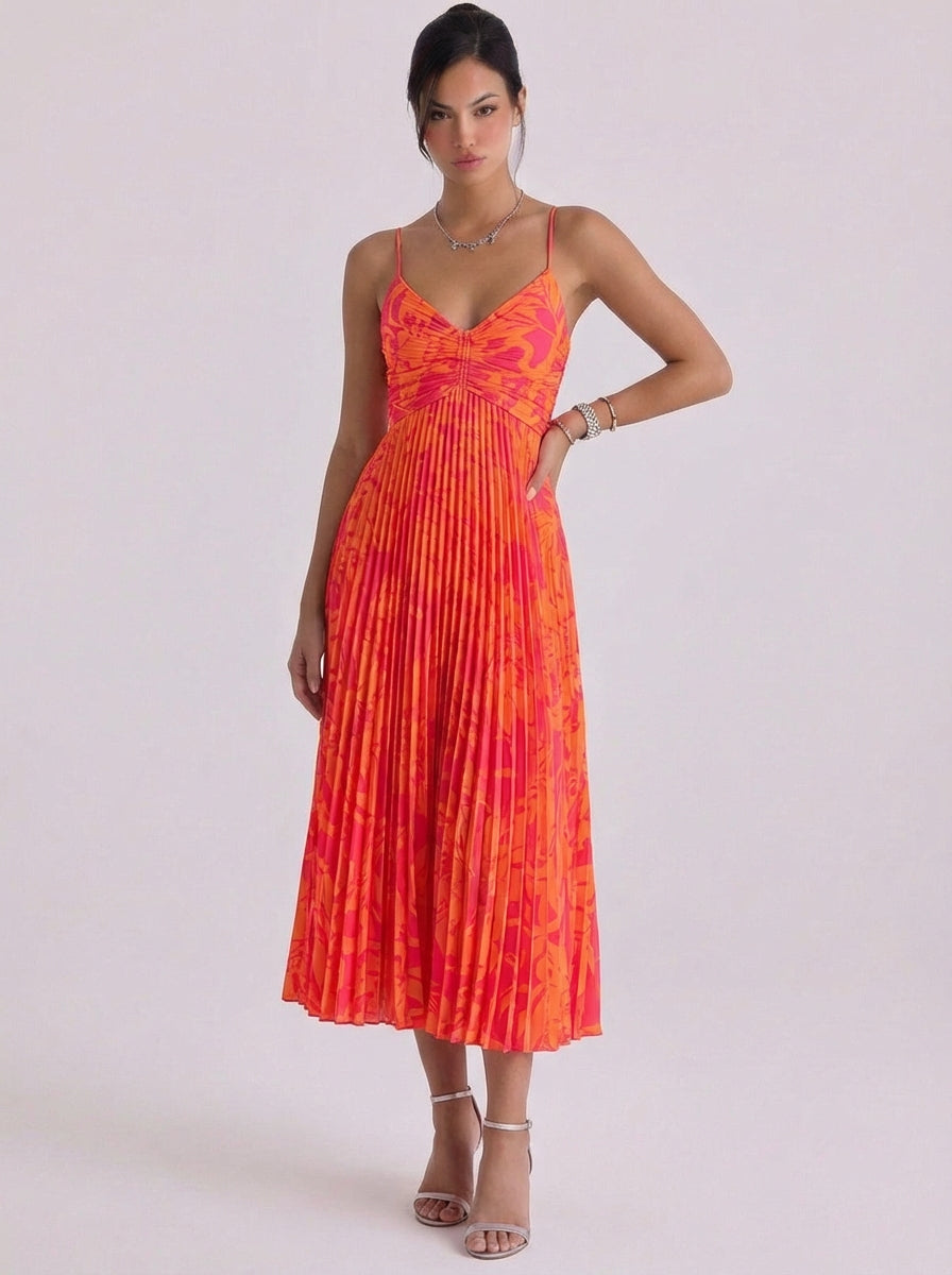 Stella | Satin Floral Print Pleated Midi Dress