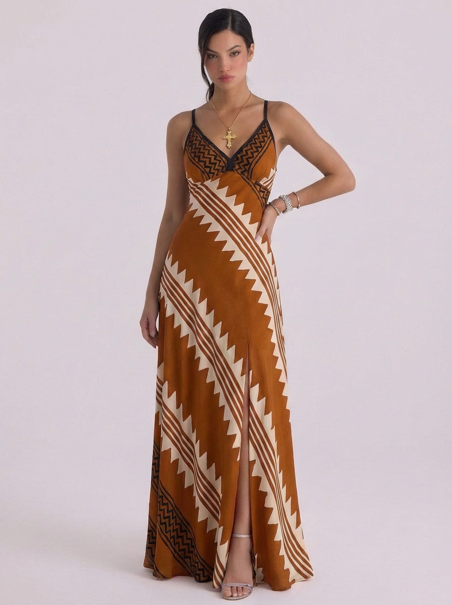 Kylie | Satin Geometric Print Maxi Dress With High-Slit