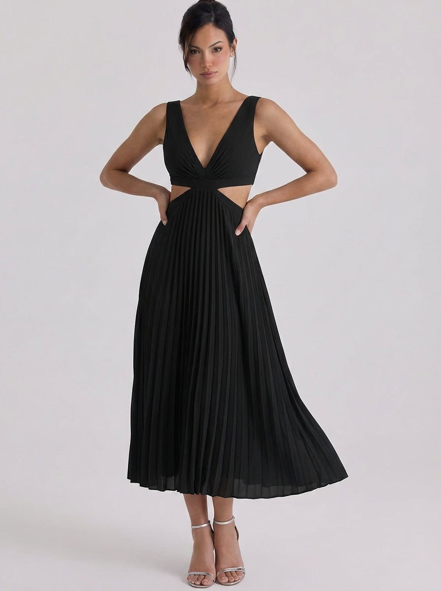 Stacey | Satin Pleated Cutout Midi Dress