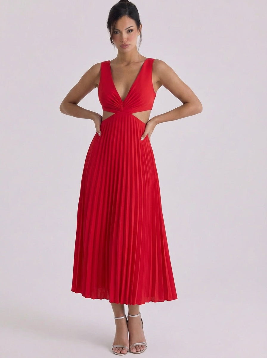 Stacey | Satin Pleated Cutout Midi Dress
