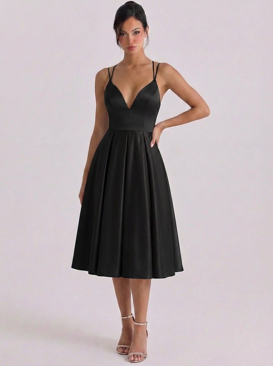 Wren | Satin Sweetheart Neckline Fit And Flare Dress Pleated Skirt Double Strap