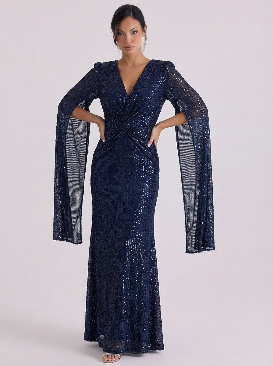 Lara | Sequin Twist Front Maxi Gown Bell Sleeve
