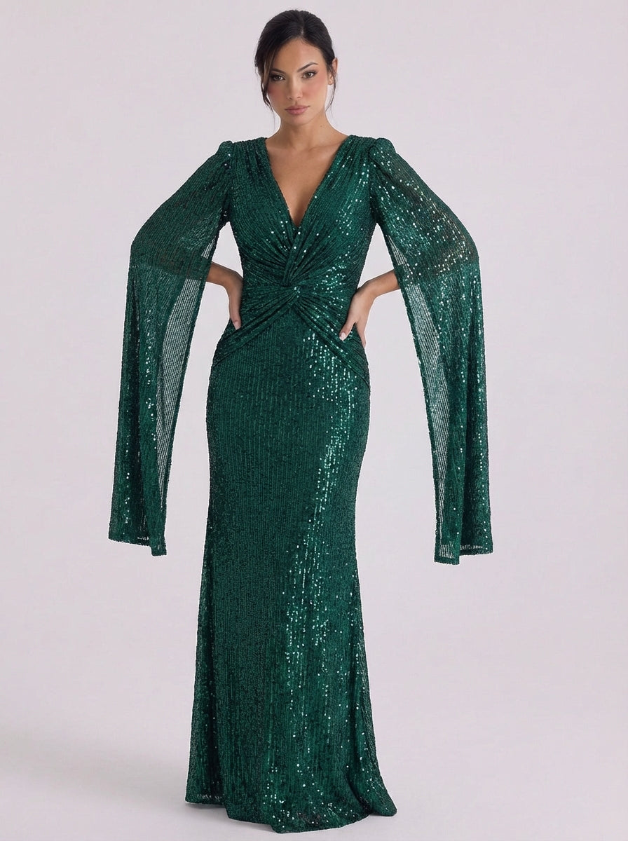 Lara | Sequin Twist Front Maxi Gown Bell Sleeve