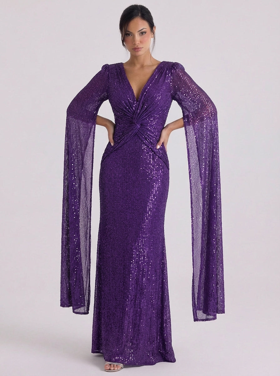 Lara | Sequin Twist Front Maxi Gown Bell Sleeve