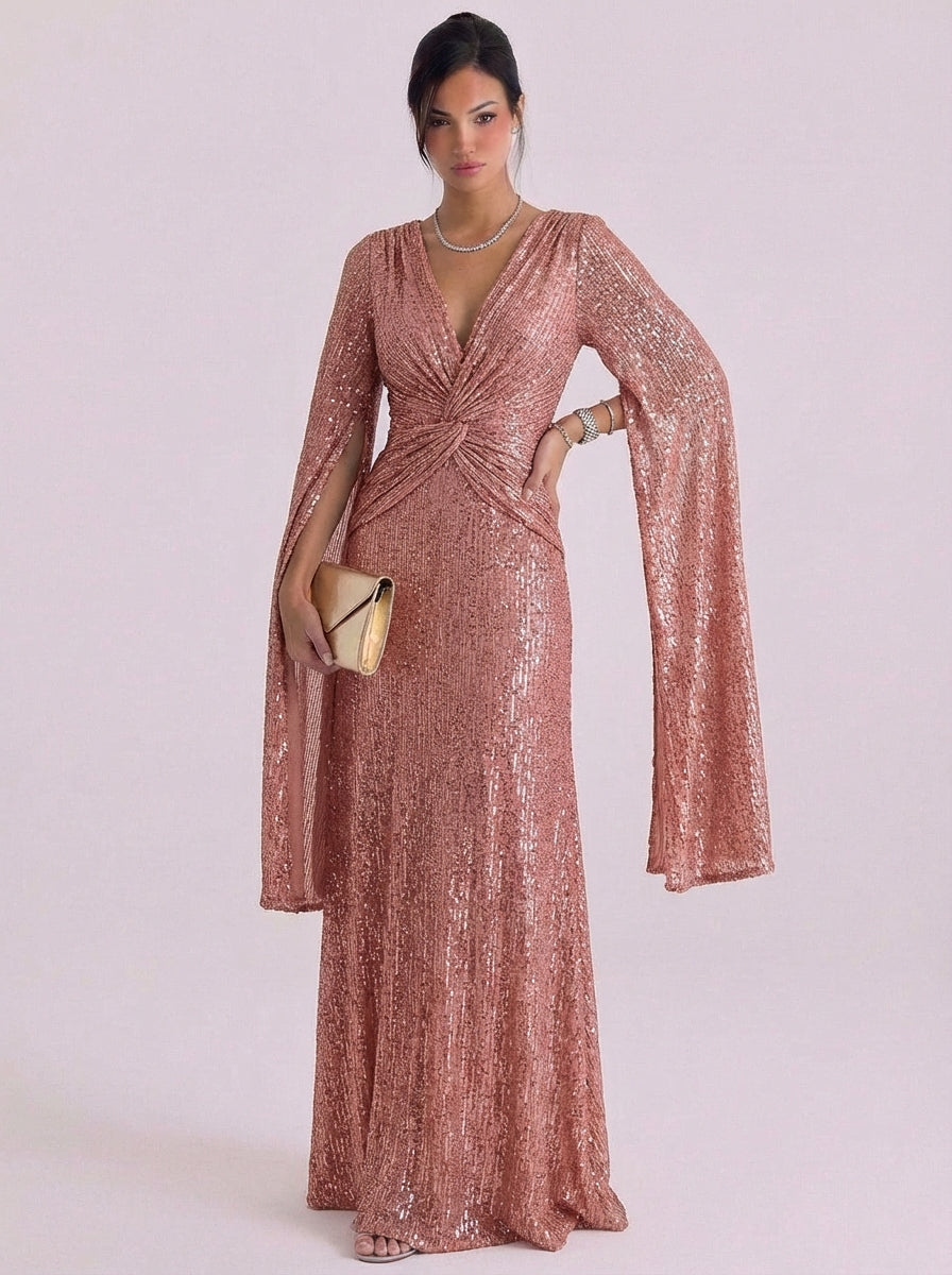 Lara | Sequin Twist Front Maxi Gown Bell Sleeve