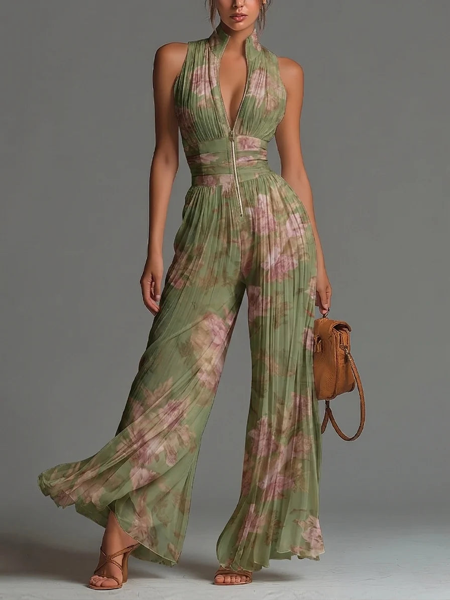 Serafina Jumpsuit | Fuchsia Floral Pleated Chiffon