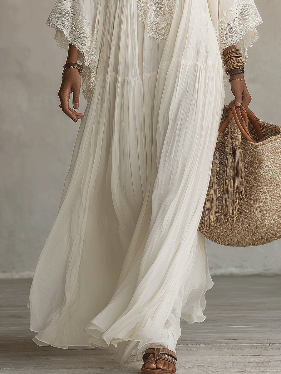 Emilia | White Lace V-neck Batwing Maxi Dress
