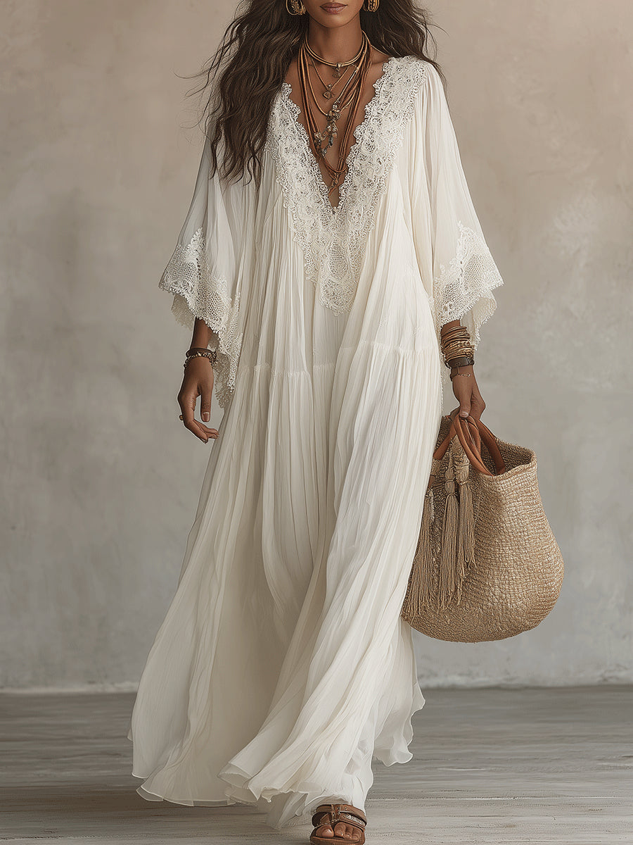 Emilia | White Lace V-neck Batwing Maxi Dress
