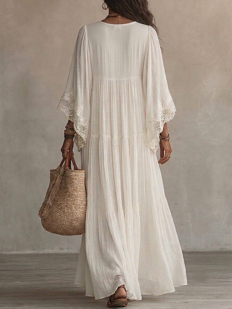 Emilia | White Lace V-neck Batwing Maxi Dress