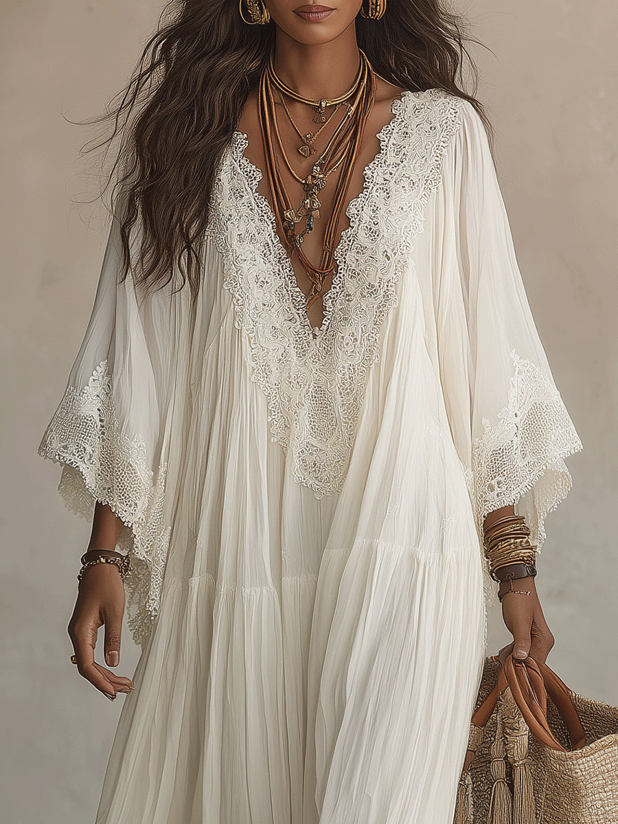 Emilia | White Lace V-neck Batwing Maxi Dress
