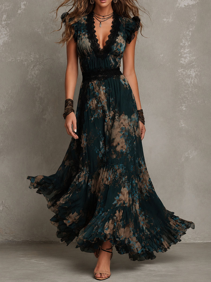 Ariel | Tiered Dark Floral Maxi Dress