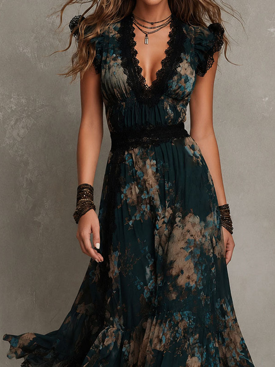 Ariel | Tiered Dark Floral Maxi Dress