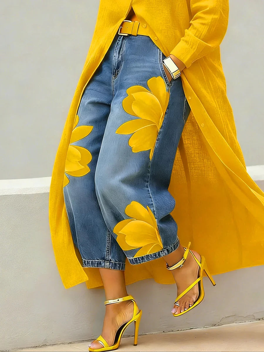 Analie - Shirt Dress and Floral Jeans Set